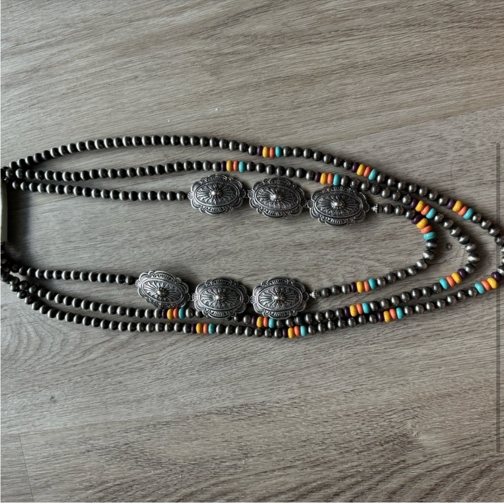 Southwestern Navajo Style Multi Strand Beaded Concho Necklace | Boho Western Sta - Picture 4 of 5